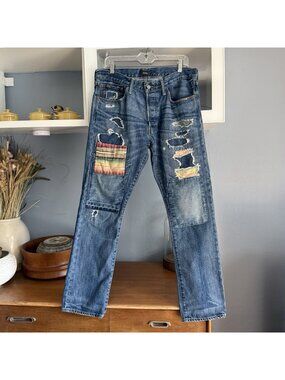 Polo Ralph Lauren Varick Slim Straight Serape Patch Distressed Jeans 33 X 30